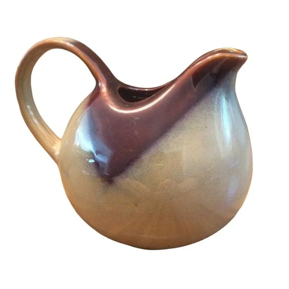VTG Studio Pottery Glazed Creamer & Sugar Bowl Lid Brown Purple Beige Set Earthy